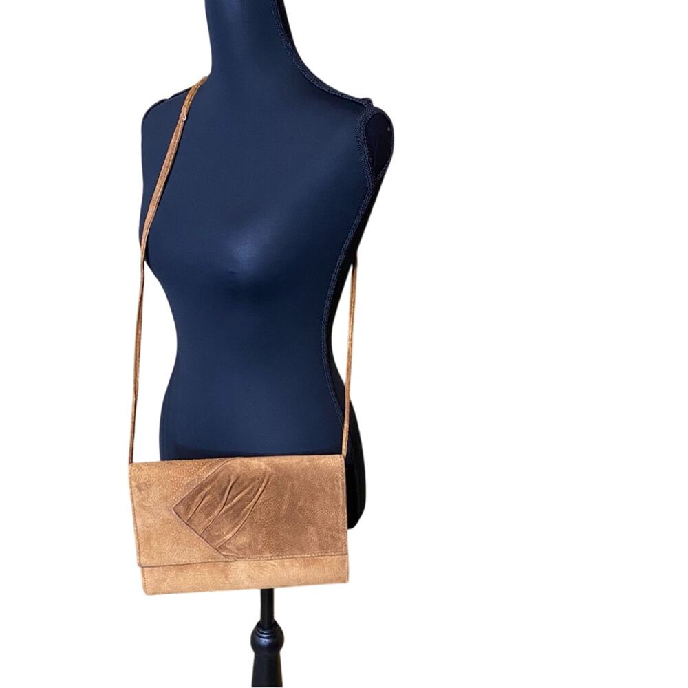 Vintage Tan brown Suede compact purse bag crossbody made in taiwan boho 80s chic